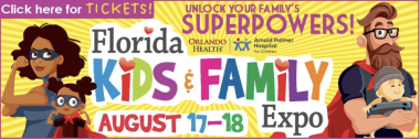 The Florida Kids and Family Expo with cartoon family dressed as superhero